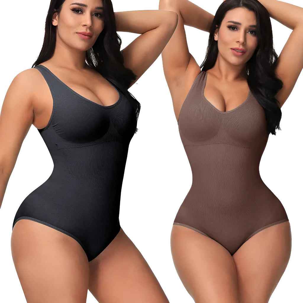 Women's seamless nylon shaping bodysuit in apricot colour on a hanger.