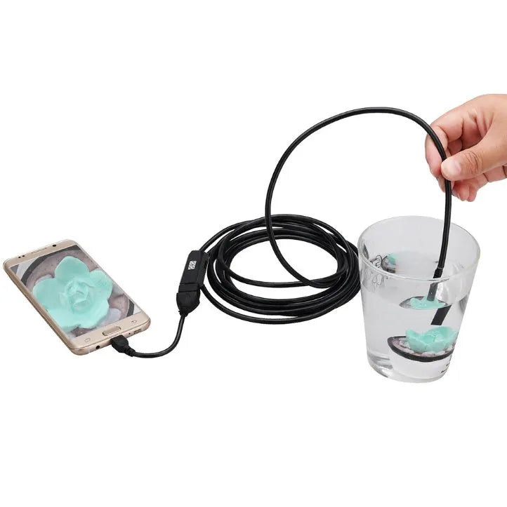 OWSOO USB endoscope with 5m cable, 7mm camera lens, small hook, magnet, and side mirror for phone inspection.