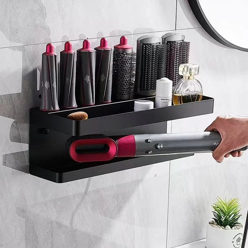 White punch-free double-layer aluminium rack holding Marcel waving irons on a bathroom wall.