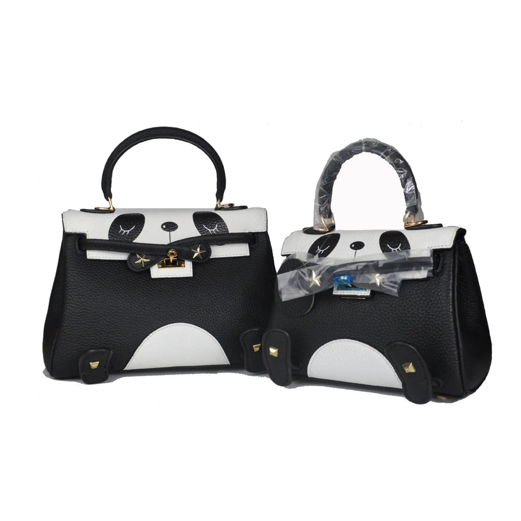 Square horizontal cow leather handbag with panda animal print pattern showing printing elements