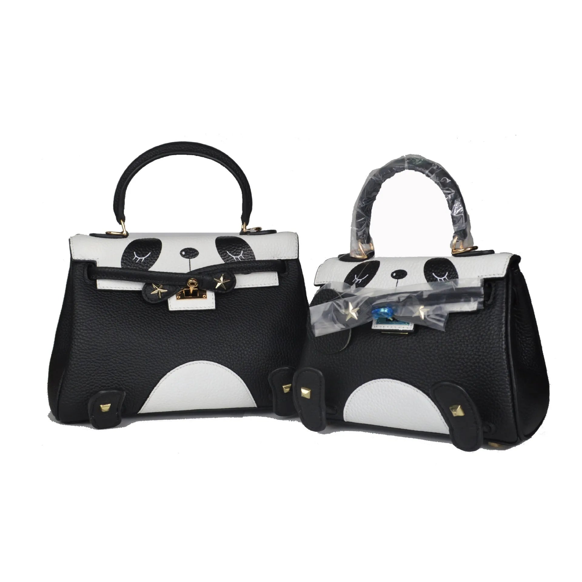 Square horizontal cow leather handbag with panda animal print pattern showing printing elements