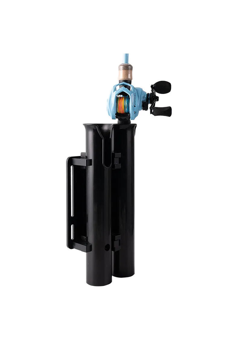 Plastic fishing rod rack clamp mounted on bicycle frame with fishing rods secured