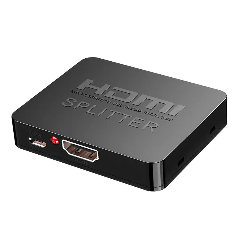 HDMI distribution splitter with one input and two output ports for dual display setups