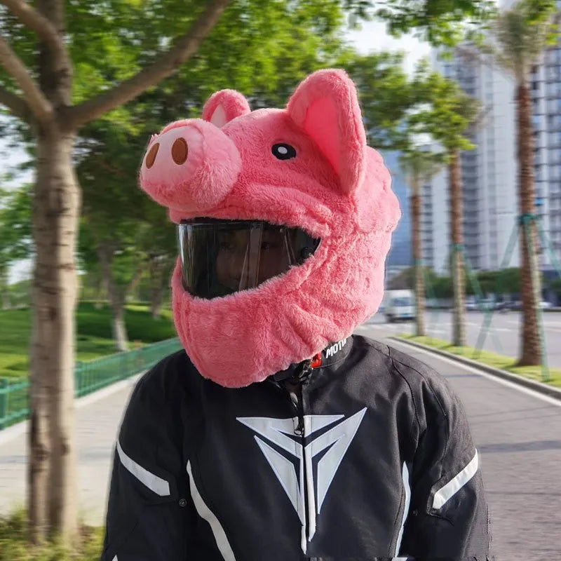 Pink cartoon plush helmet cover for motorcycle helmets made from pv velvet cloth.