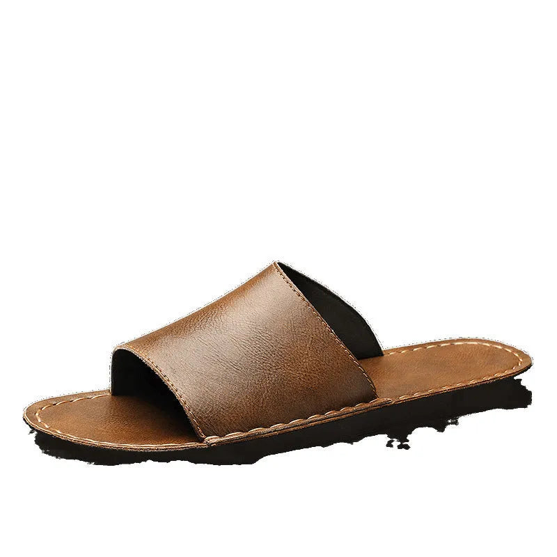Men's brown leather casual sandals with a rubber sole for summer wear.