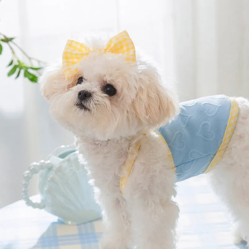 Small dog vest with heart bow suspenders in elastic material showing Bondi Blue colour option