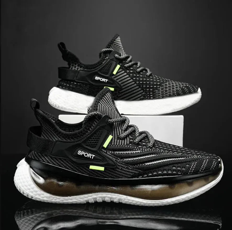 Men's white fly woven mesh platform sneakers with round toe and lace-up closure on a rubber sole.