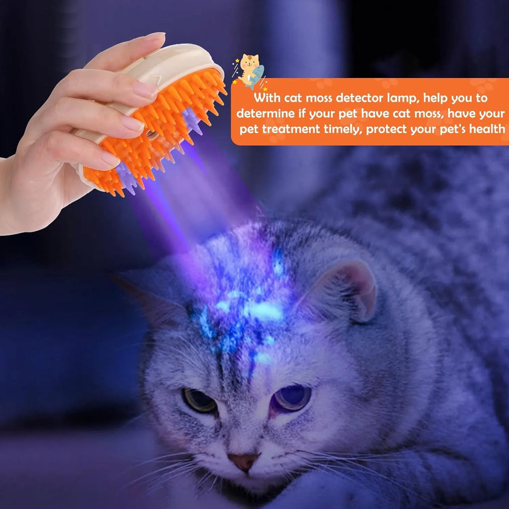 Yellow 4-in-1 cat steam brush with silicone teeth, water tank, USB port, and UV ringworm detection lamp.