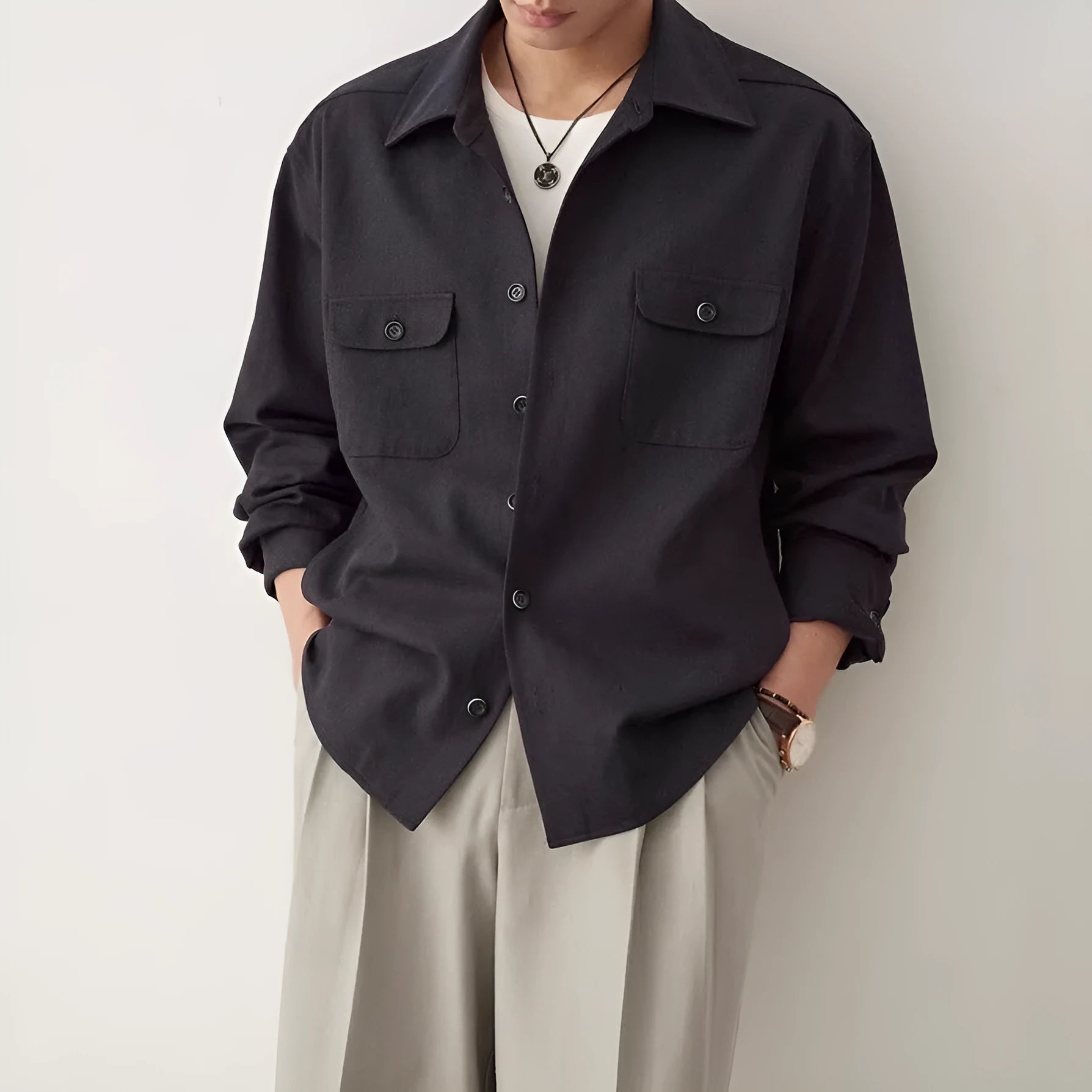 Men's light sand rice coloured casual shirt with long sleeves and a simple lapel design.