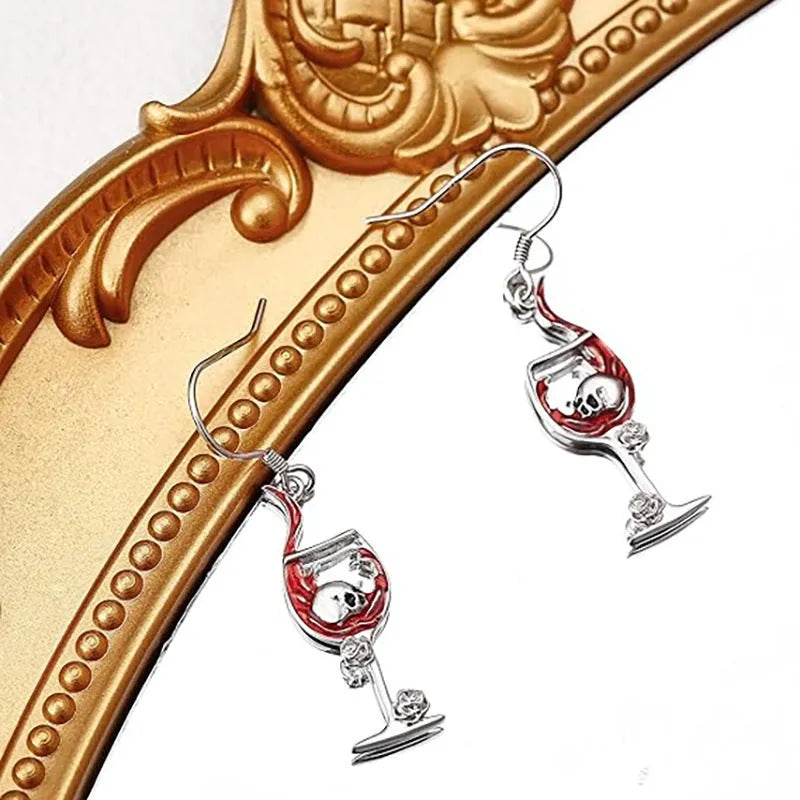 Halloween skull wine glass drop earrings with electroplated zinc alloy construction and geometric shapes