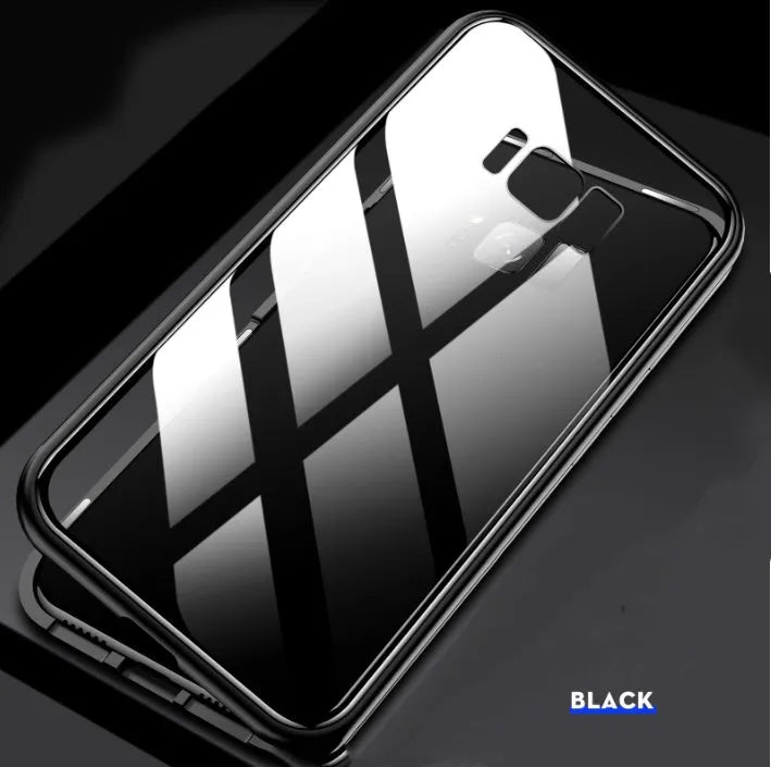 Black anti-peeping magnetic clamshell phone case for Samsung Galaxy showing privacy screen and magnetic closure