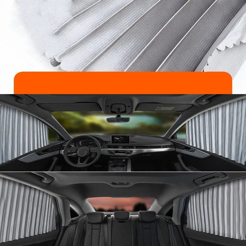 Auto retractable car sunshade curtain in thick opaque fabric with roller shutter suspension