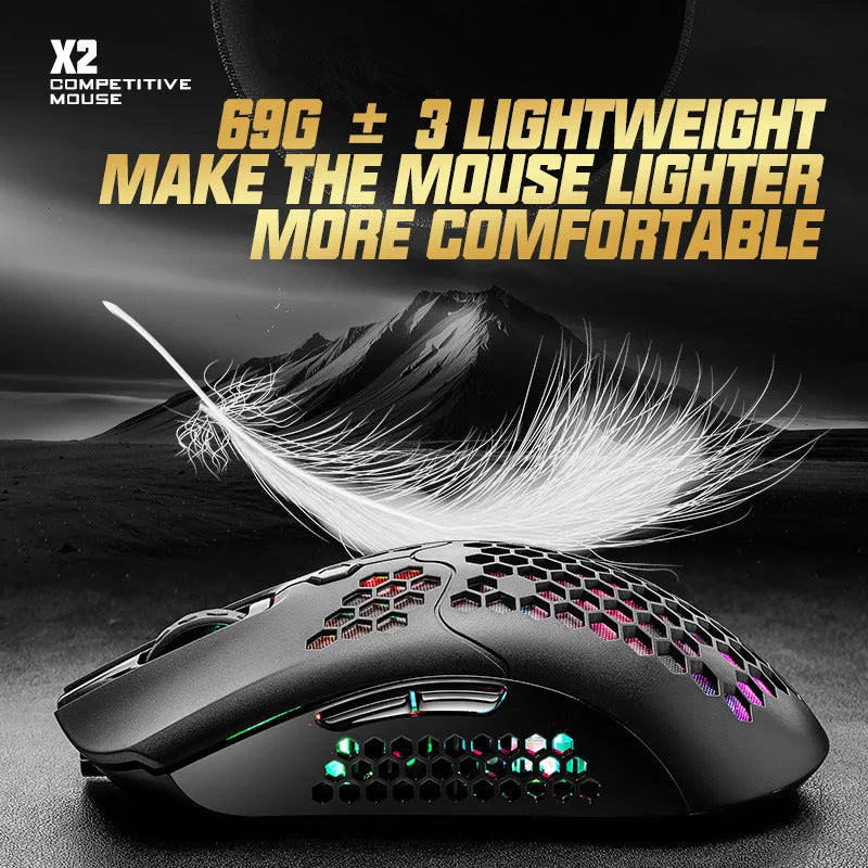 Free Wolf X2 dual-mode wireless gaming mouse with RGB lighting in black, green, pink, white, and yellow colour options