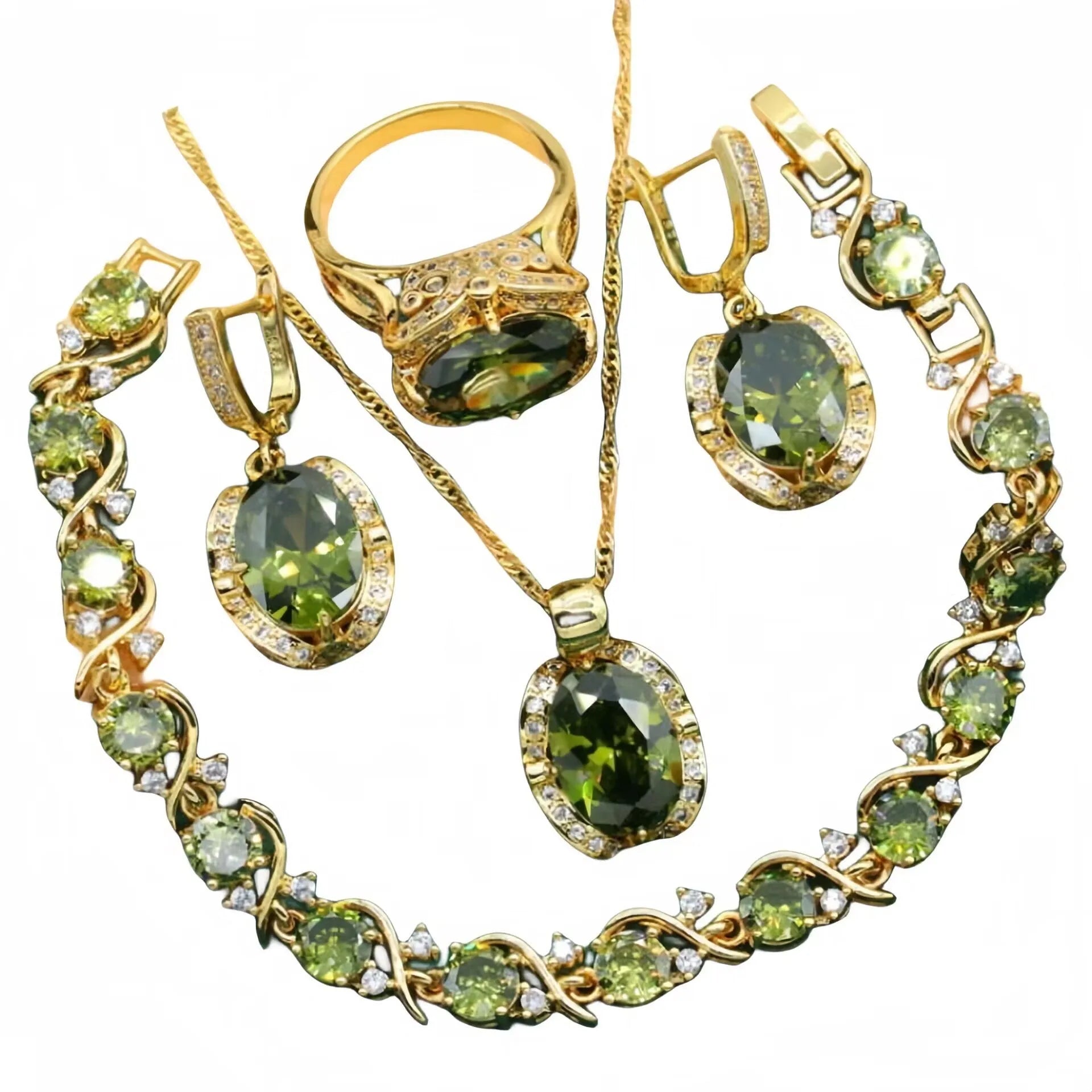 Olive green zircon rhinestone jewellery set on snake bone chain with crown pendant, plus matching earrings and ring.