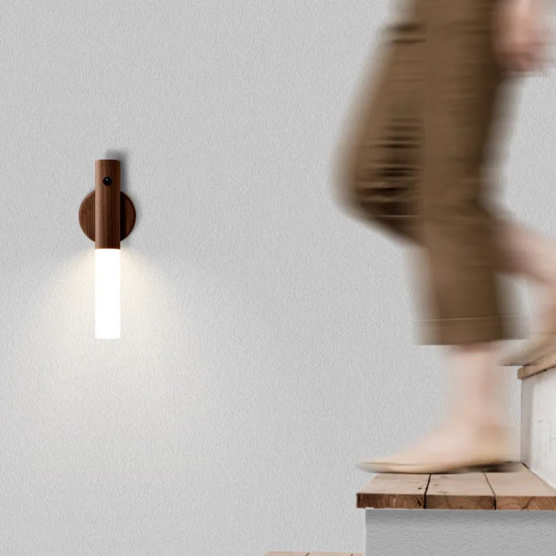 Smart sensor LED desk lamp with solid wood base on a desk