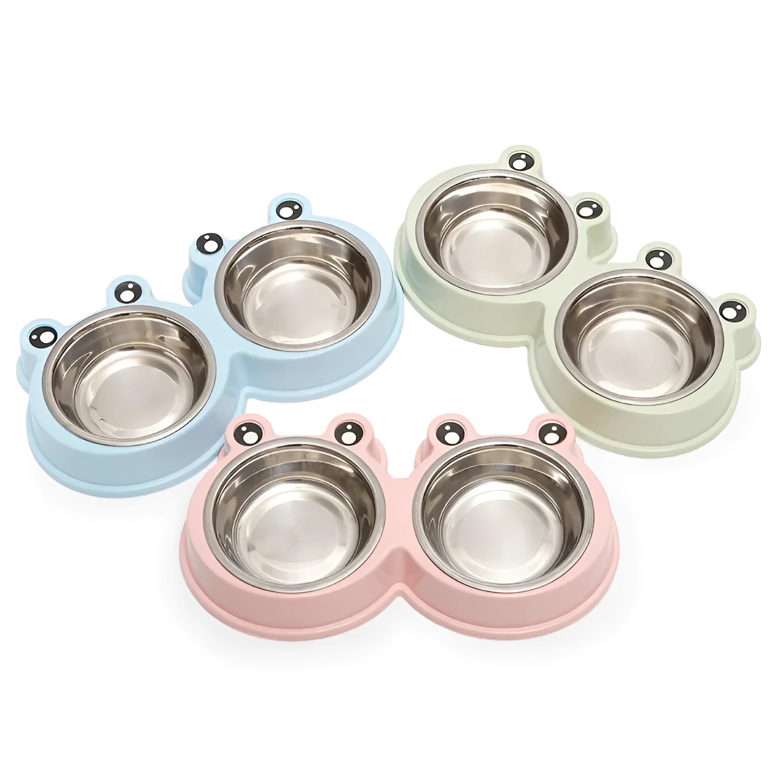 Stainless steel double pet bowl with frog design in blue, green, or pink colours