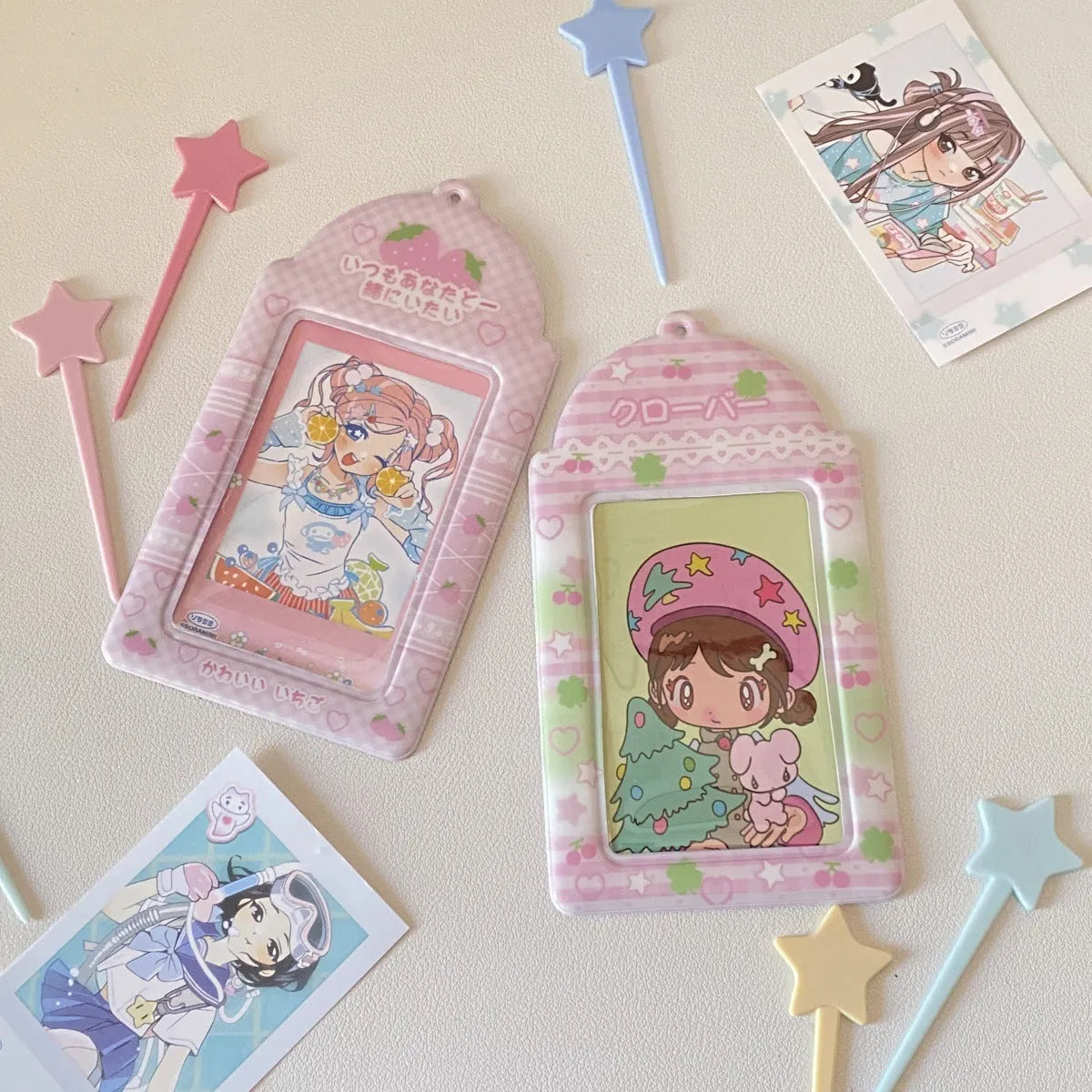 PVC cartoon meal card holder with clear sleeve showing Strawberry and Four-Leaf Clover design options