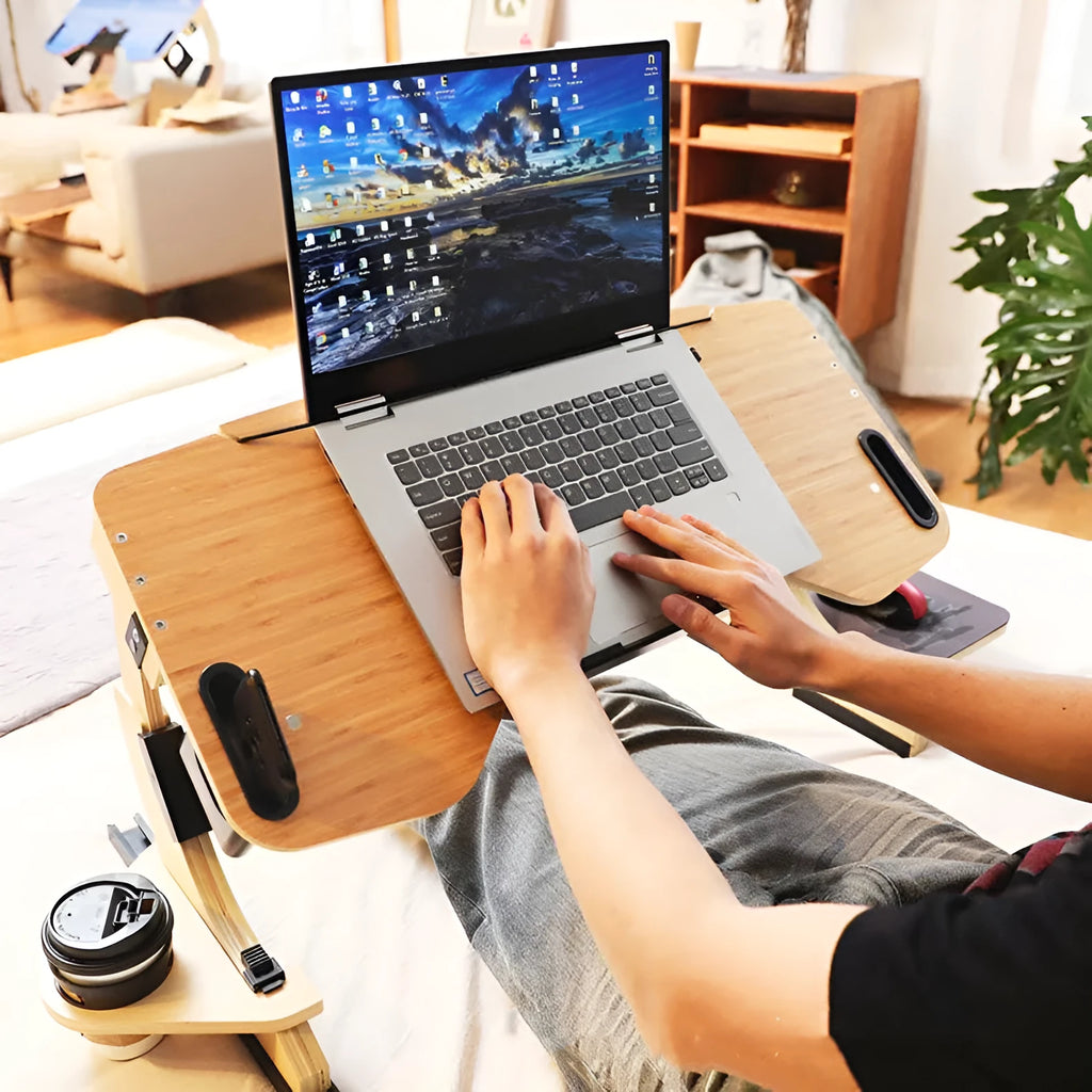 Adjustable wooden folding computer table in white maple colour for laptop use in bed