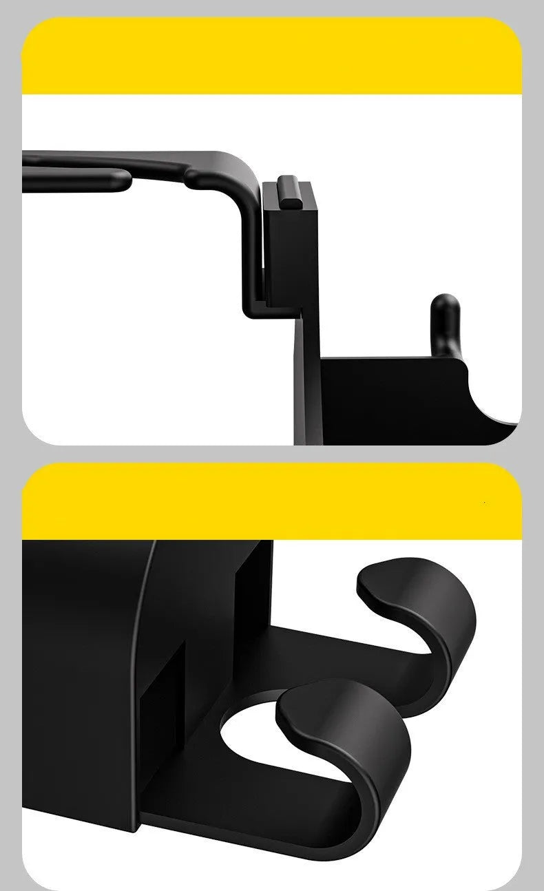 Black plastic car seat back organiser with cup holder and storage hooks
