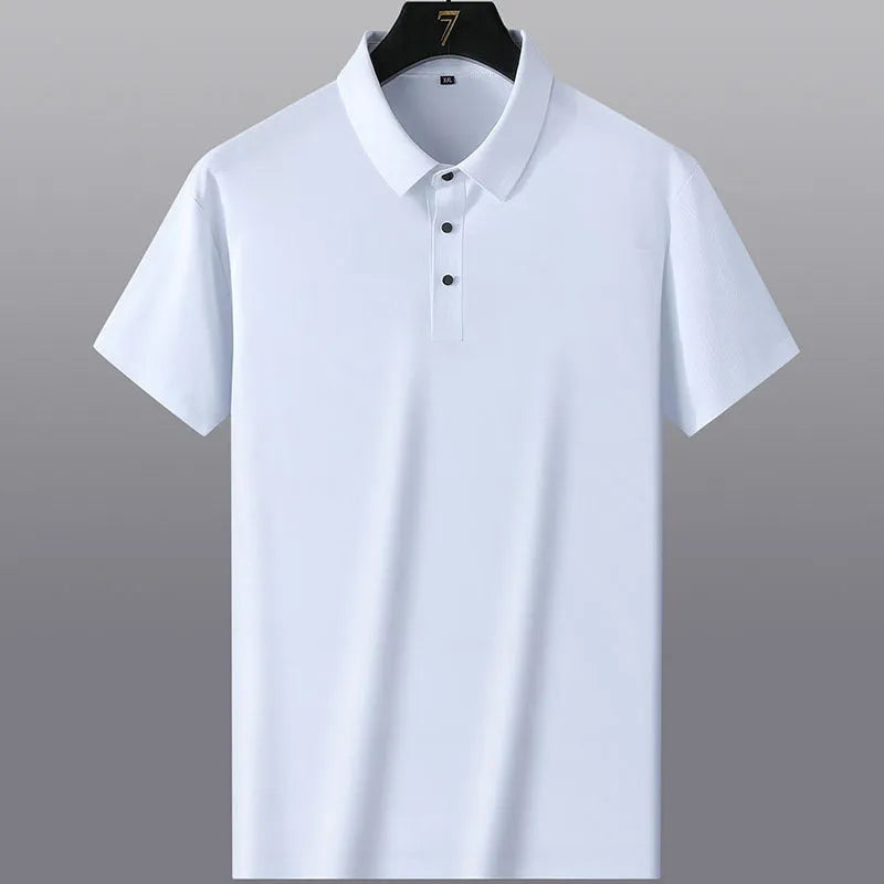 Men's solid colour non-ironing short sleeve business casual shirt in navy blue on a hanger.