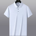 Men's solid colour non-ironing short sleeve business casual shirt in navy blue on a hanger.