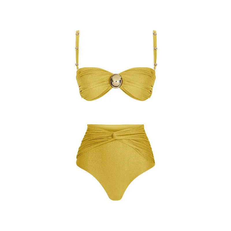 Women's yellow high waist split bikini swimsuit with skirt on beach
