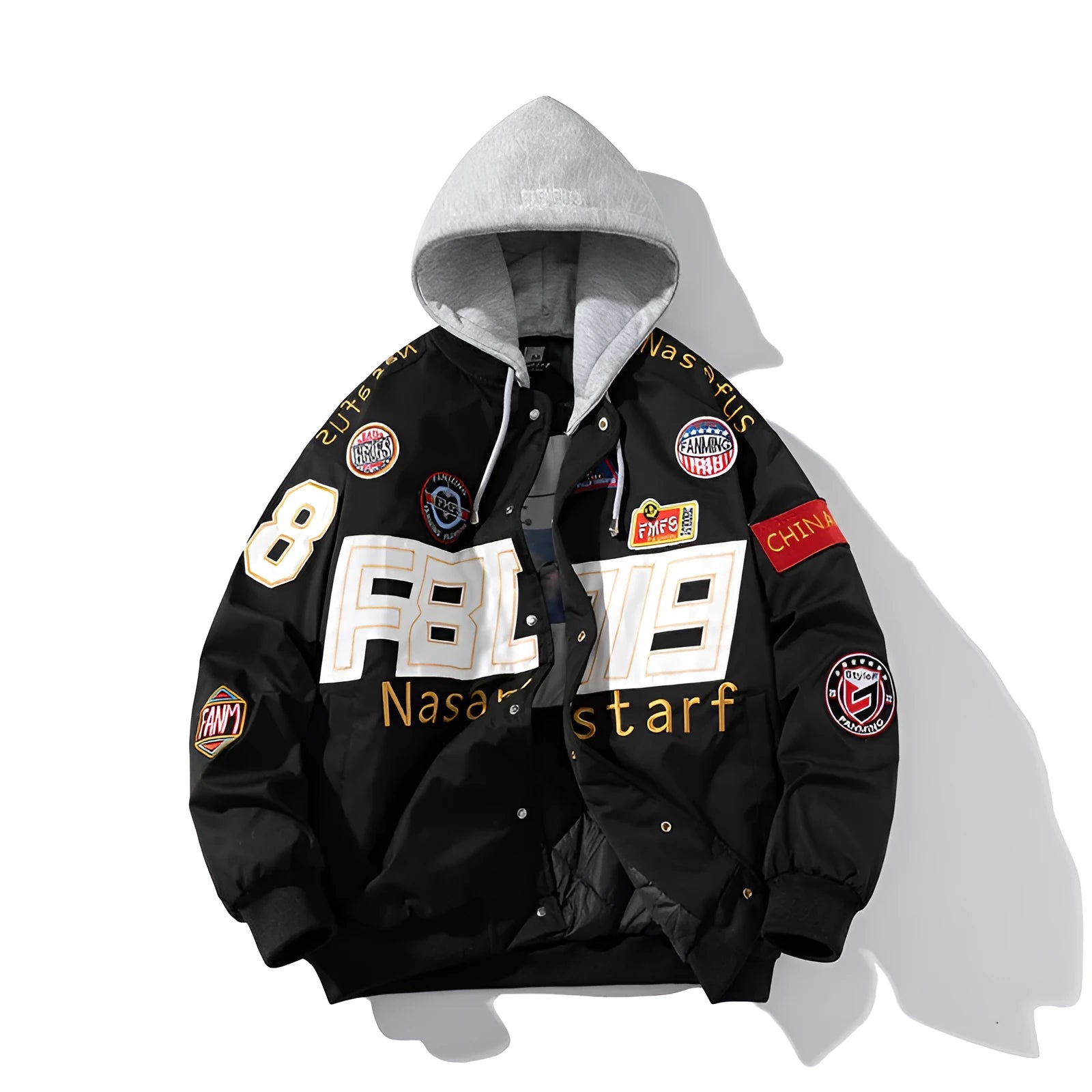 American motorcycle baseball uniform in black with removable hood and side pockets