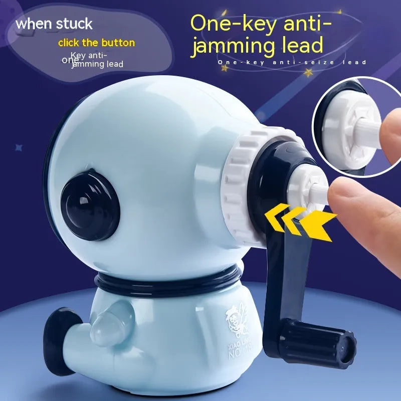 Blue astronaut cartoon pencil sharpener with manual operation and anti-jam mechanism