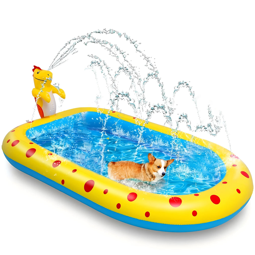 Blue dinosaur water spray pool with built-in splash nozzles for kids' outdoor play