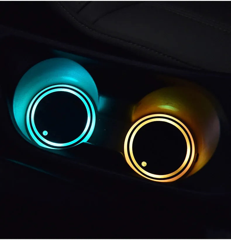 LED light-up car coaster showing seven colour options in automotive cup holder