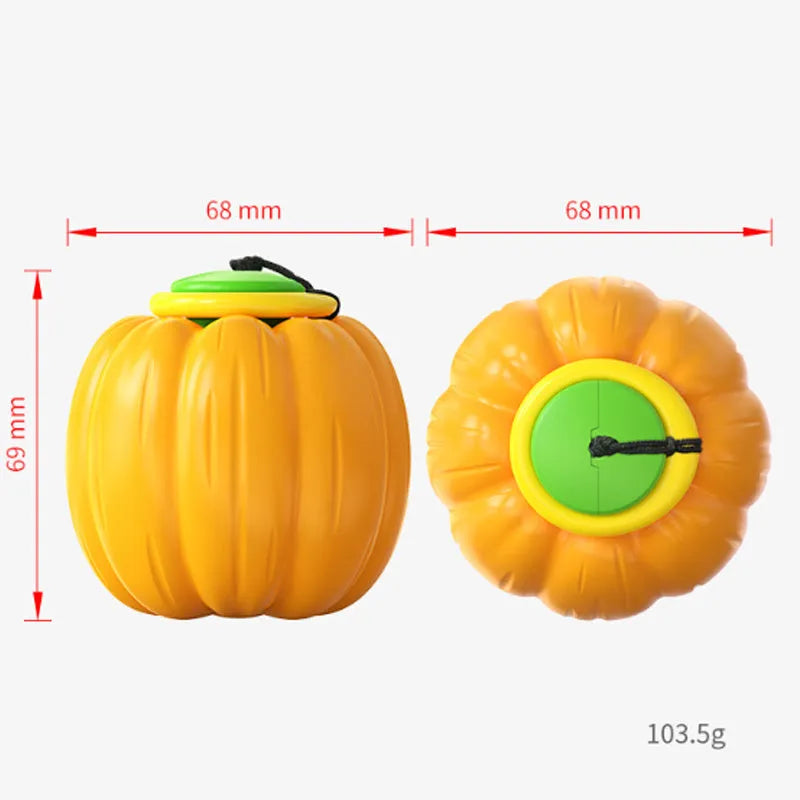 Green, orange, and yellow plastic pumpkin-shaped squeaker dog ball toy for puppies and small dogs.