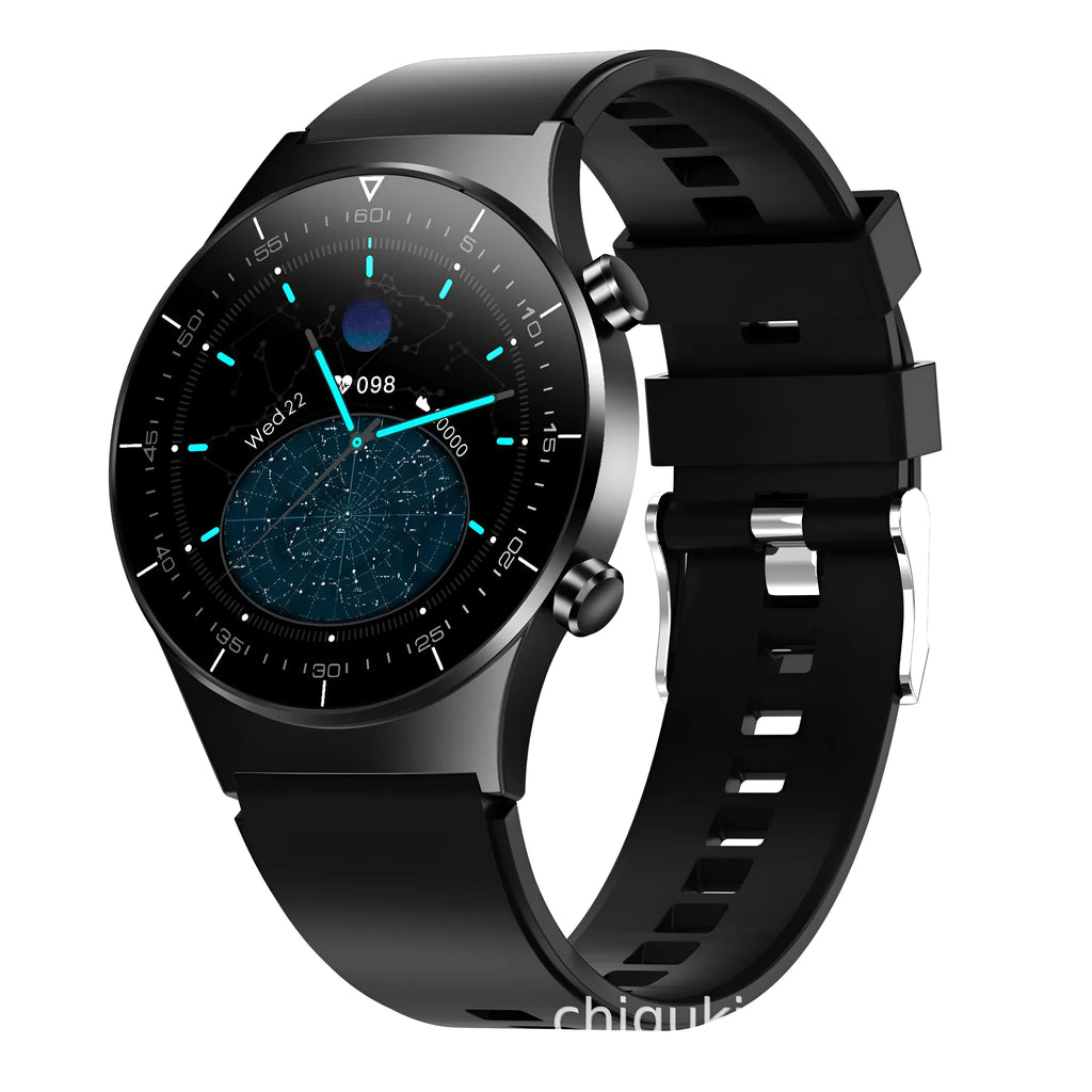 Black smartwatch with 1.3-inch glass touchscreen displaying heart rate and step count data on TPU wristband