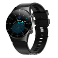 Black smartwatch with 1.3-inch glass touchscreen displaying heart rate and step count data on TPU wristband