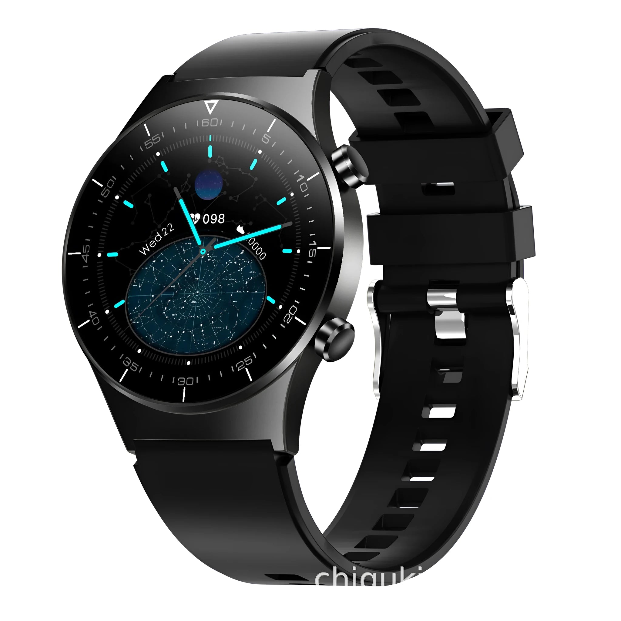 Black smartwatch with 1.3-inch glass touchscreen displaying heart rate and step count data on TPU wristband