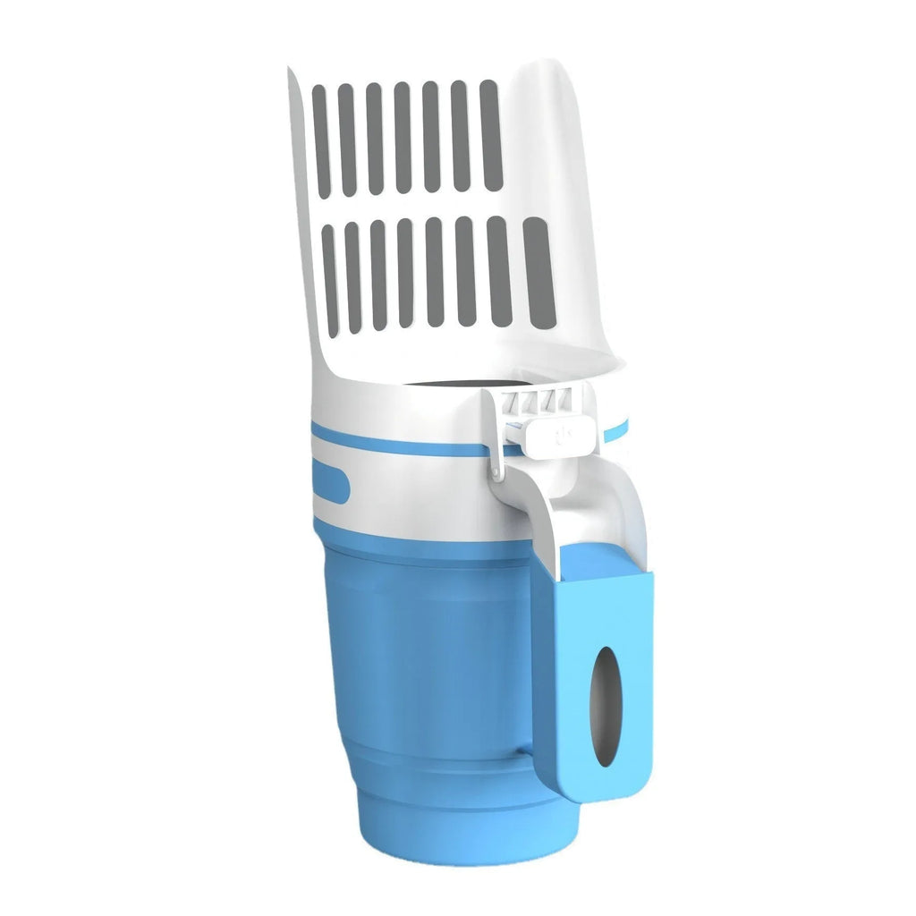 Grey cat litter scoop tool with attached waste collection bin and foldable bottom.