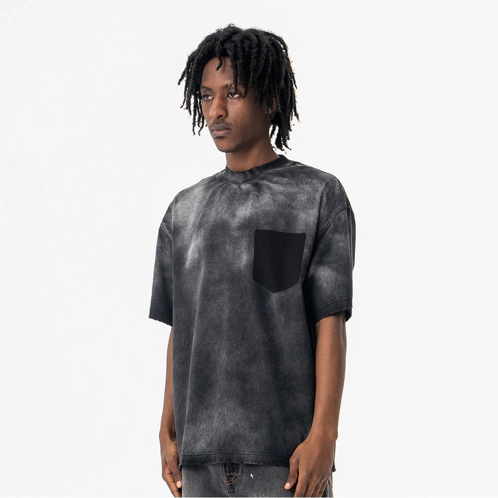 Black men's loose fit cotton T-shirt with drop-shoulder sleeves and a printed design.