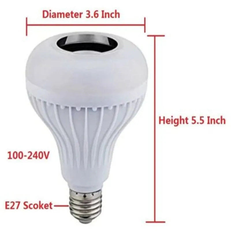 White smart LED bulb with Bluetooth speaker and remote control showing E27 screw base
