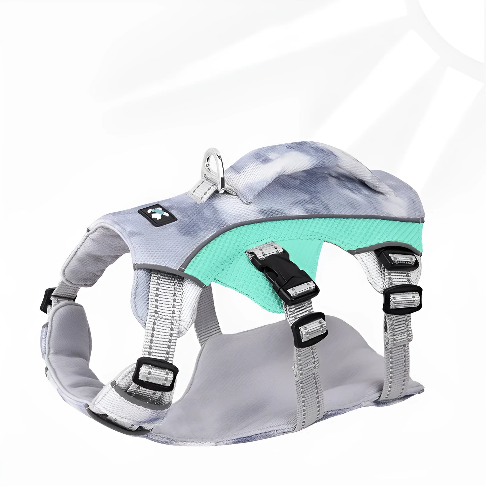 Reflective polyester chest strap for dogs in light blue, shown on a pet.