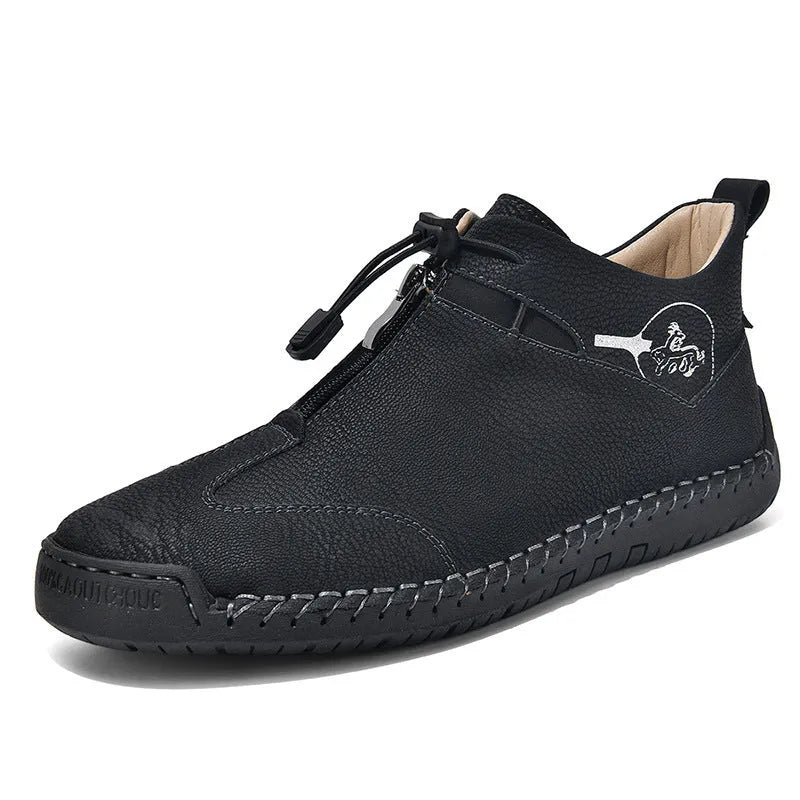 Men's casual leather shoes with round toe and 3-5cm heel in black, blue, green, or khaki