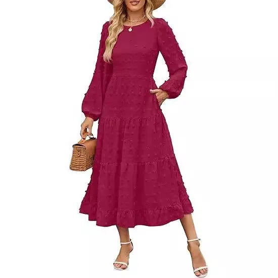 Women's long sleeve casual dress in beige with ruffle sleeves and a high waist.