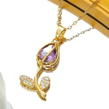 Zircon tulip titanium steel necklace for women with adjustable 41-50cm chain and copper-plated gold pendant