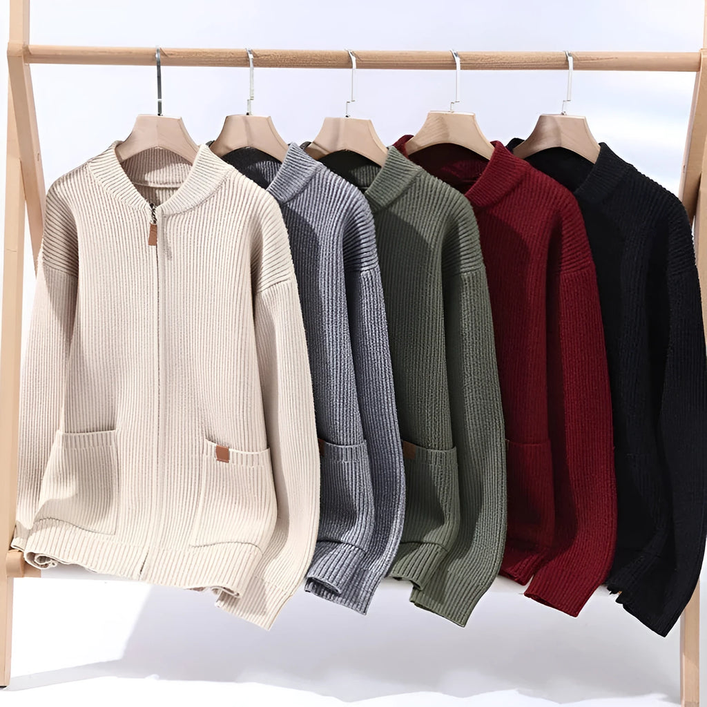 Men's beige and grey striped sweater cardigan jacket on a hanger