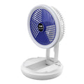 Blue foldable USB desk fan with LED light showing wall mounting bracket and pen holder