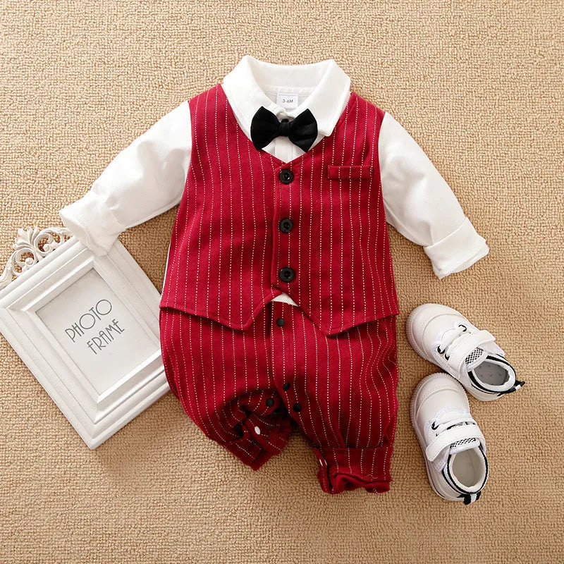 Wine red cotton baby boy's long sleeve romper with single-breasted closure
