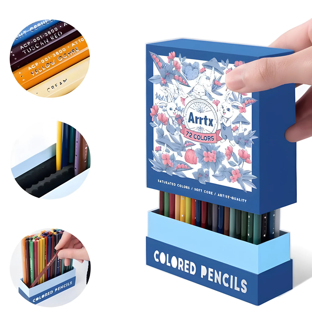 Boxed set of 72 or 126 coloured pencils with basswood holders for art students.