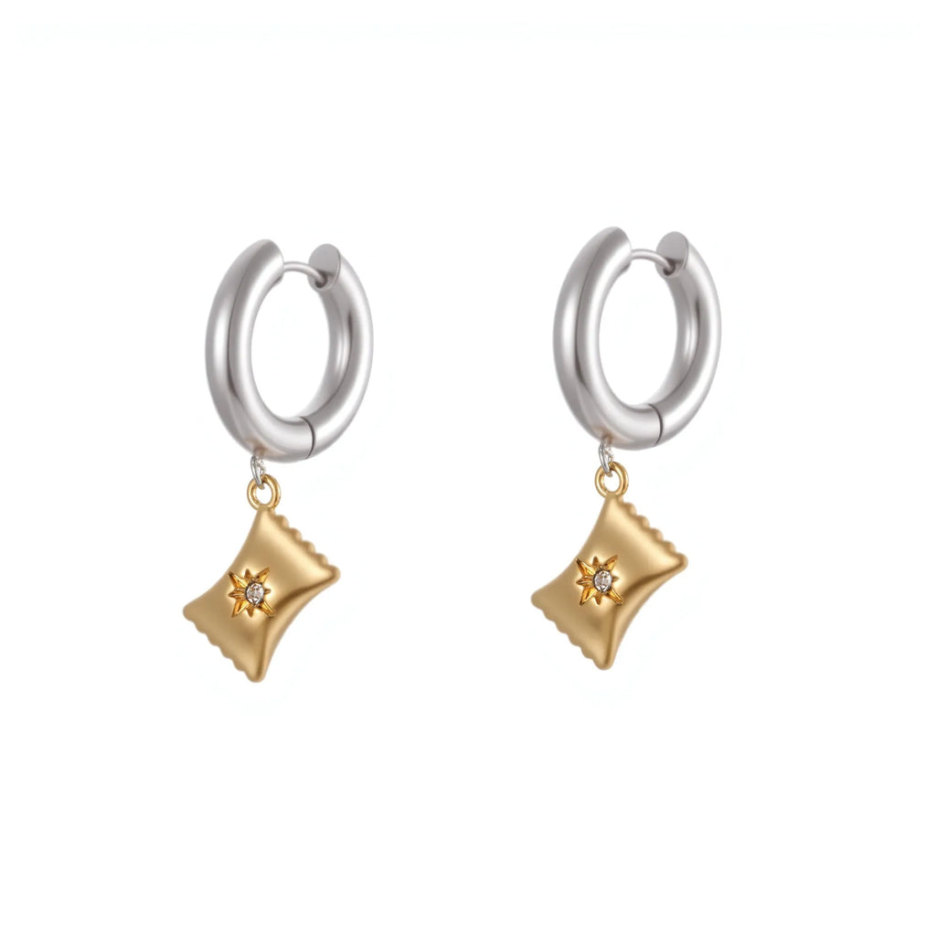 Women's stainless steel Christmas tree earrings with 18K electroplated finish showing heart and star shapes