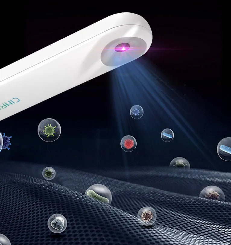 White Spot portable ultraviolet steriliser lamp showing compact dimensions next to a mobile phone for scale.