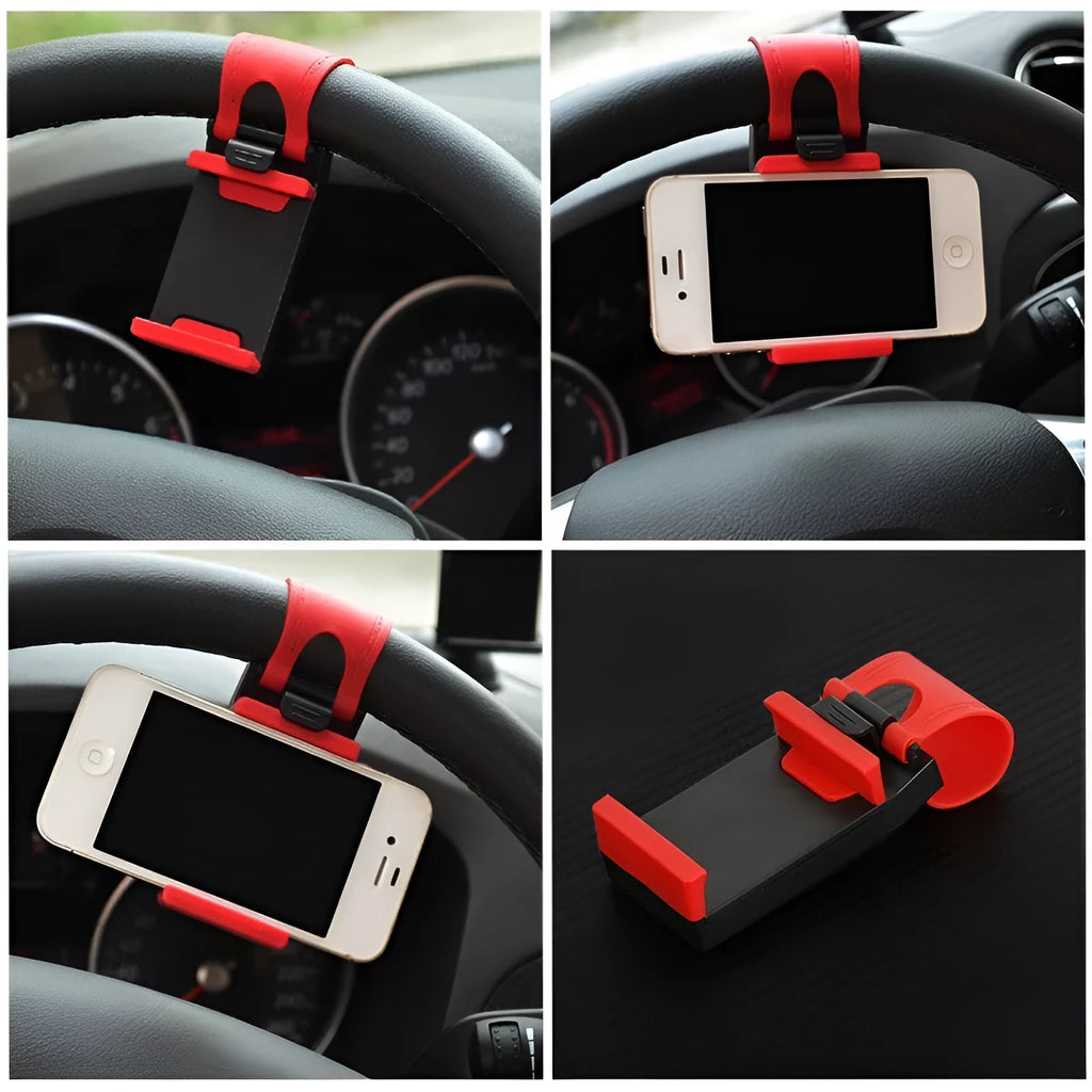 Black universal clip mount holding a mobile phone on a car steering wheel