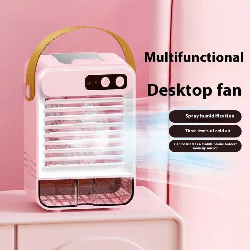 Dark green portable desktop fan with USB cable and 5 plastic blades for dormitory or office use