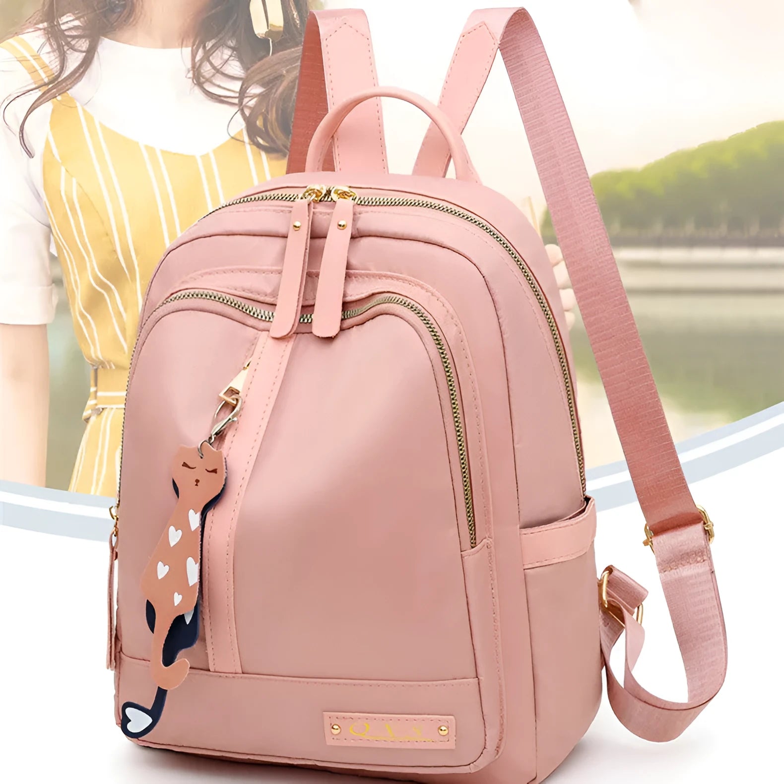 Women's nylon casual backpack in black with double shoulder straps and front pocket